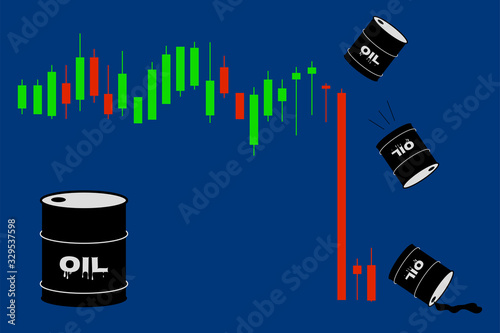 Black oil barrels falling down from oil price candlestick chart. Oil price going down concept. Some oil is pouring from the barrel.