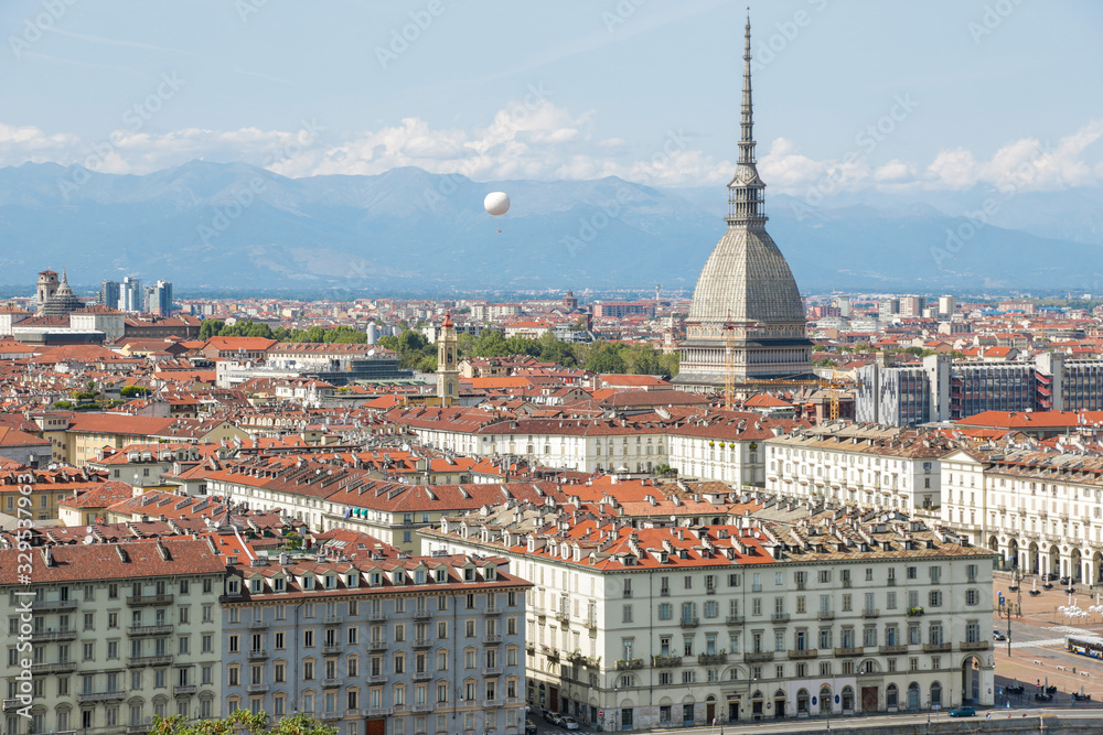Mole Antonelliana, symbol of Turin, form the top of Monte dei Cappuccini, among Turin hills, Piedmont, Italy