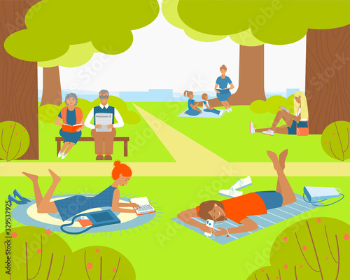 People reading in the park. Different types of books paper, electronic, audio. Reading concept. An elderly couple is reading while sitting on a bench in the park. Flat vector illustration.