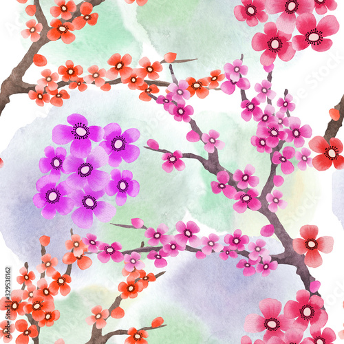 Spring floral seamless pattern with flowering sakura in hand drawn watercolour style. Romantic background on texture watercolour.
