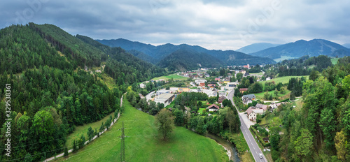 Beautiful panoramic view of small town situated between hills and mountains in Lower Austria.