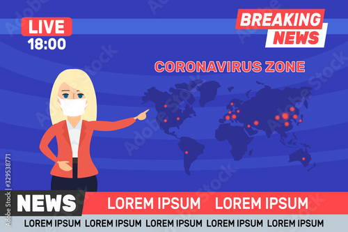 coronavirus breaking news newscaster woman in studio showing  virus zone statistics on map vector illustration