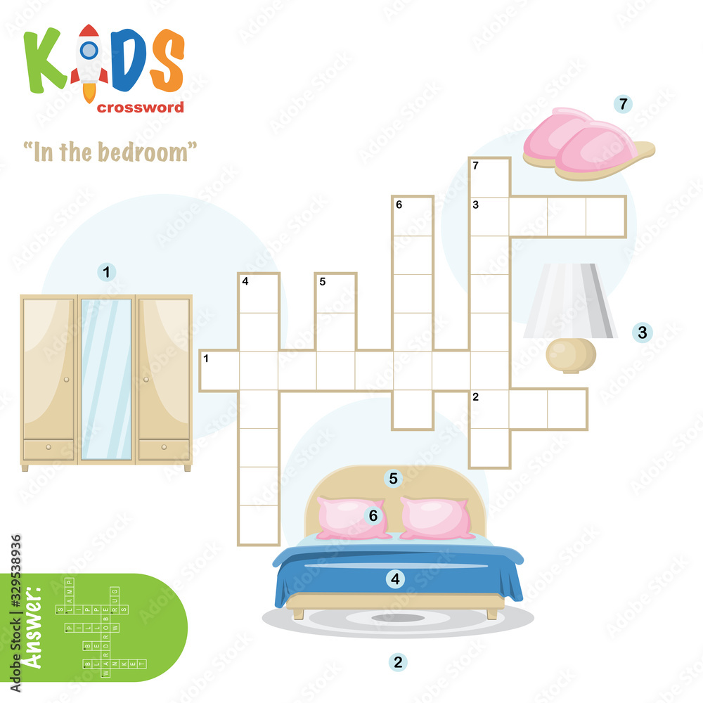 Easy crossword puzzle 'In the bedroom', for children in elementary and middle school. Fun way to ...