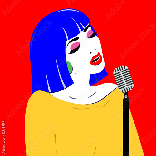 Girl with pop art style sings in blues style. Bright color illustration of a girl
