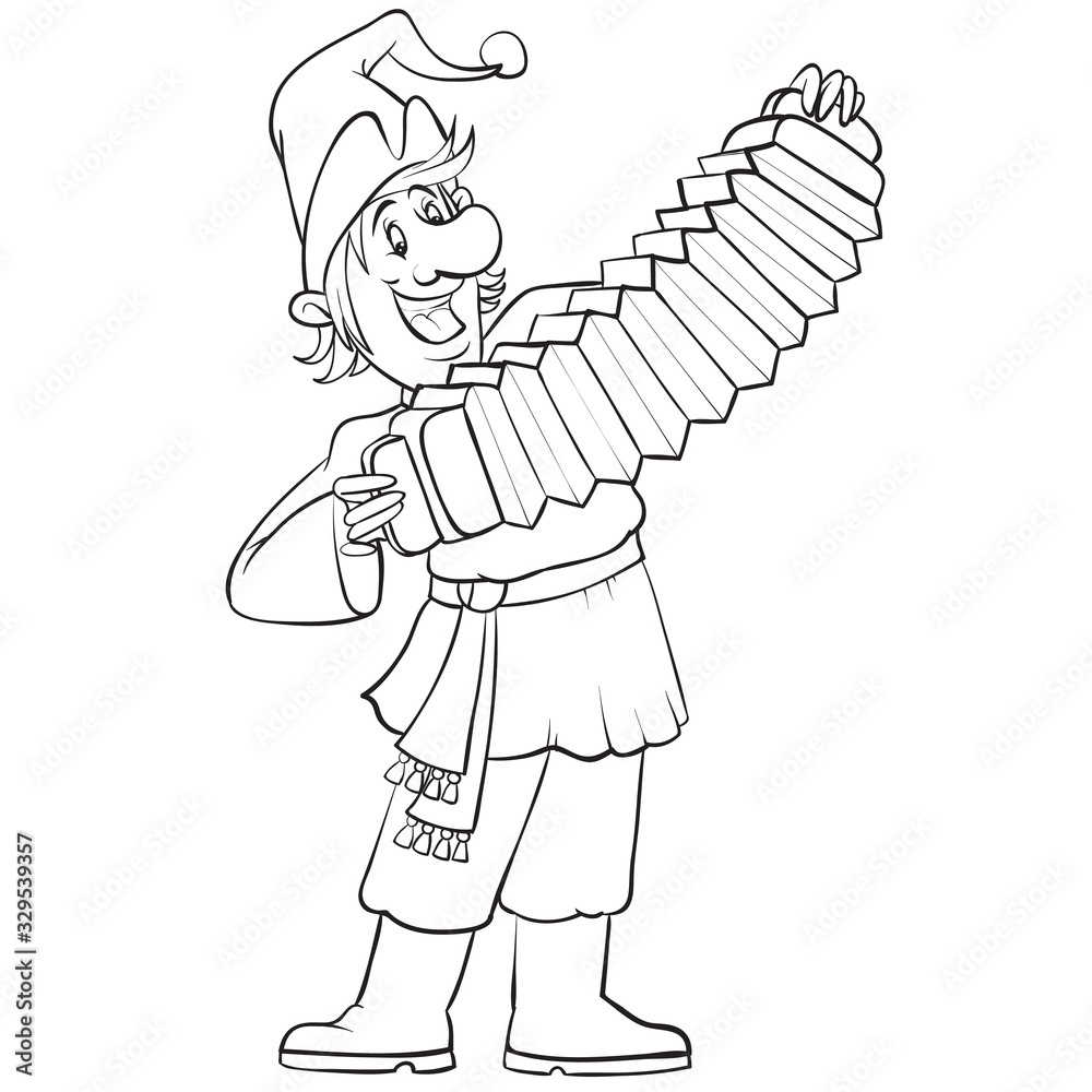 Russian buffoon plays the accordion at the fair drawn in outline, isolated object on a white background, vector illustration,