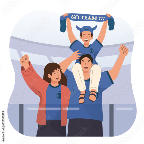 Happy family watching football game in stadium. Parents and son supporting football team