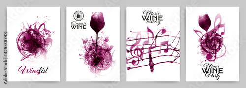 Set with strokes backgrounds and red wine stains. Artistic music symbols with spots.