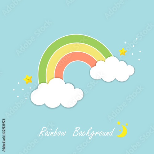 Cute rainbow and white clouds with star and moon isolated on blue sky background.Design for print or screen backdrop ,tile ,wallpaper or card.Sweet dream.Vector.Illustration.