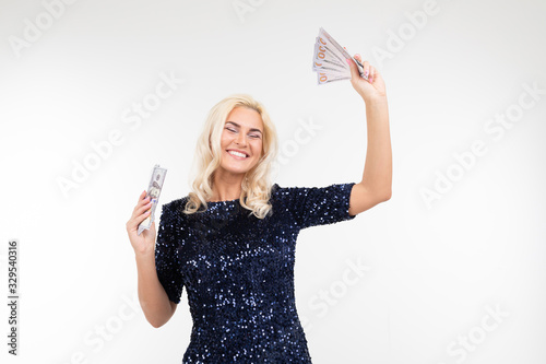 happy woman receiving a salary on a white background with copy space