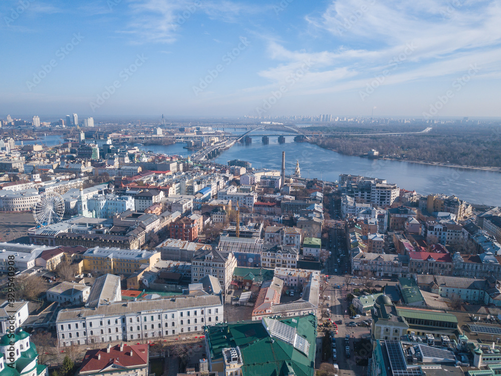 Aerial drone view. View of Podil - the historical part of Kiev.
