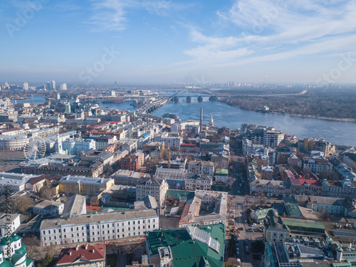 Aerial drone view. View of Podil - the historical part of Kiev.