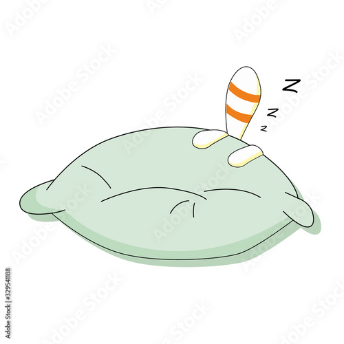 Vector drawing of a sleeping kitten under a large pillow on a white isolated background. Fluffy tail, paws. Style is flat, sticker, print on fabric, texture