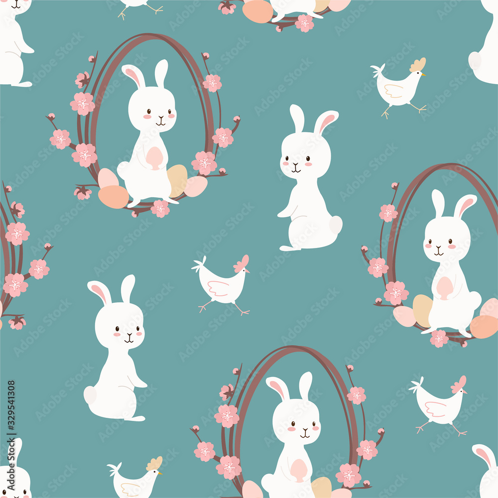 Easter pattern. Vector seamless texture with easter eggs, bunnies and chicken.