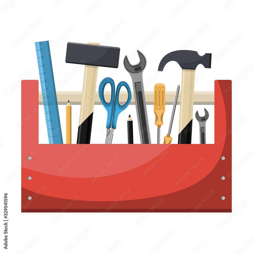 Cartoon red toolbox with ruler, hammers, screwdriver, wrench ... Vector ...
