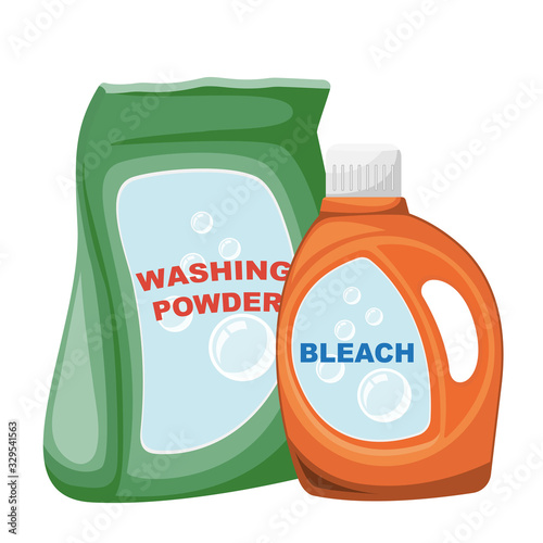 Cartoon washing powder bag and bleach bottle . Vector illustration