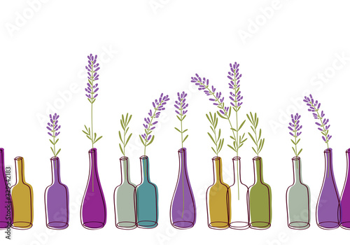 Modern background with hand drawn bottles and lavender for textile, fabric manufacturing, wallpaper, covers, surface, gift wrap, scrapbooking. Vector.