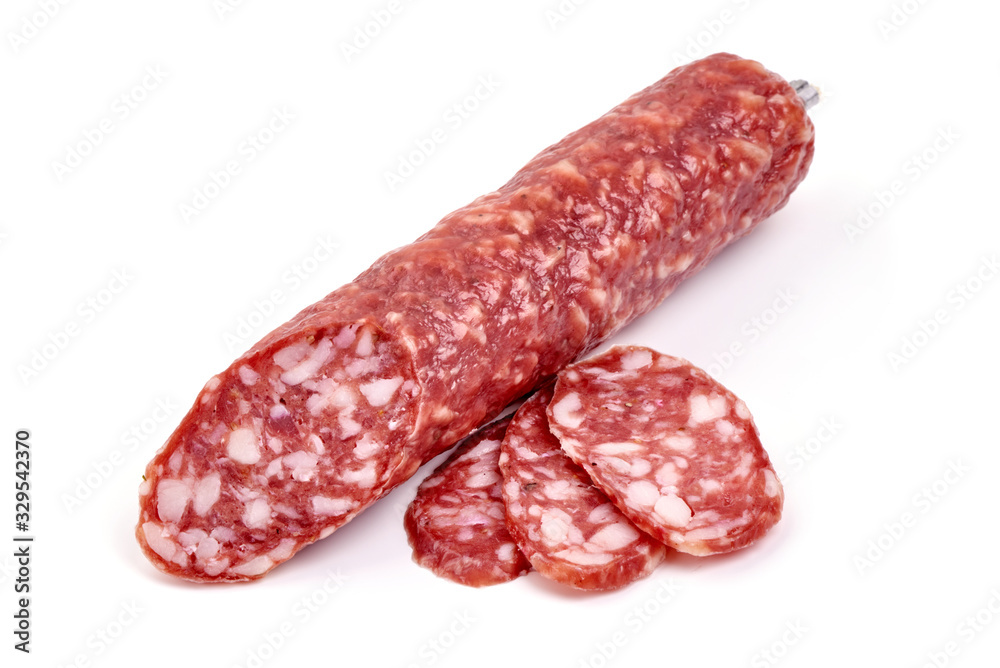 Smoked pork Sausage, Dry-cured meat, isolated on white background Smoked pork Sausage, Dry-cured meat, isolated on white background