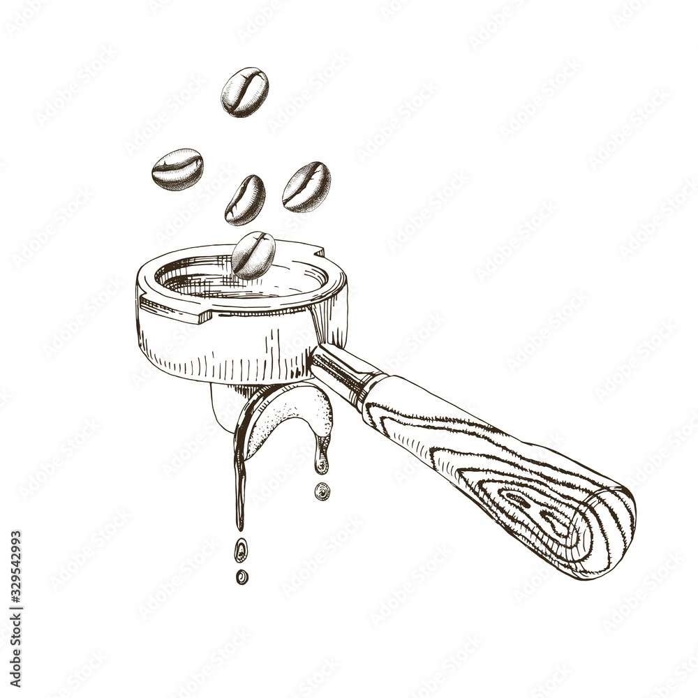 Fototapeta premium Coffee beans fall into the portafilter
