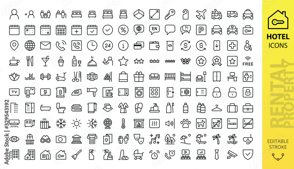 Hotel icons set. Rental property isolated icons. Set of apartment reservation, hotel booking, rent hostel room, airport shuttle, room area, flat rent, five-star hotel, service line vector web icon