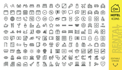 Hotel icons set. Rental property isolated icons. Set of apartment reservation, hotel booking, rent hostel room, airport shuttle, room area, flat rent, five-star hotel, service line vector web icon