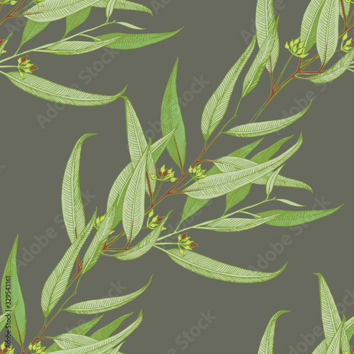 Seamless pattern with hand drawn seeded eucalyptys