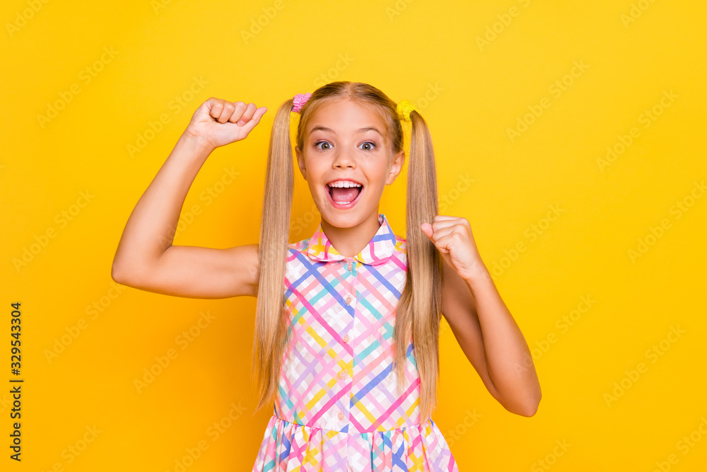 Yeah. Photo of funny crazy little lady schoolgirl raise fists supporting classmates team sports match wear checkered plaid sun dress isolated yellow shine color background Yeah. Photo of funny crazy little lady schoolgirl raise fists supporting classmates team sports match wear checkered plaid sun dress isolated yellow shine color background