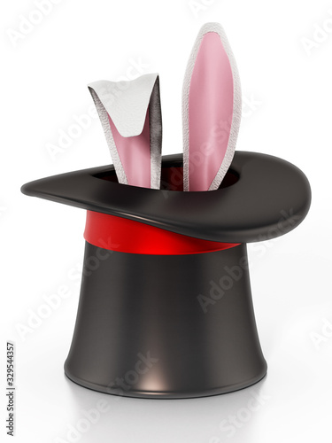 Illusionist hat and rabbit ears isolated on white background. 3D illustration