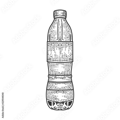 plastic bottle sketch engraving vector illustration. T-shirt apparel print design. Scratch board imitation. Black and white hand drawn image.