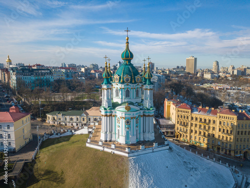 Aerial drone view. St. Andrew's Church in Kiev: winter and spring.