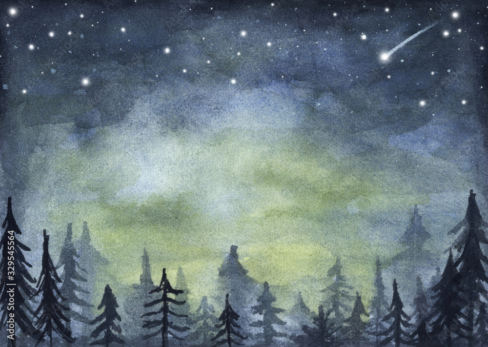 Peaceful spruce forest under night sky full of stars. Fog forest landscape. Watercolor illustration.