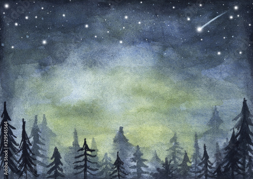 Peaceful spruce forest under night sky full of stars. Fog forest landscape. Watercolor illustration.