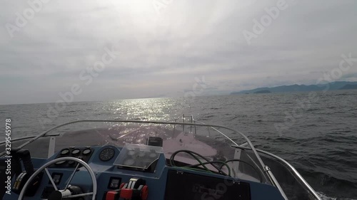 The boat is on the stormy Bering Sea. View from the flybridge. Kamchatka