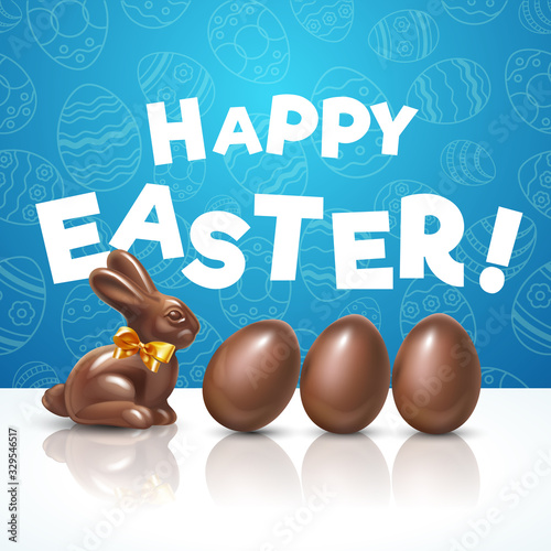 Easter chocolate eggs with chocolate cute bunny. Flyer or poster Easter hunt for children. Funny holidays spring decoration with blue background and seamless pattern. Happy Easter