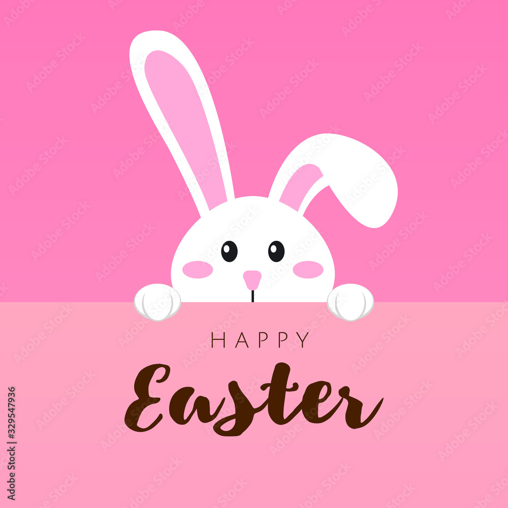 Greeting card with white Easter rabbit. Funny bunny in flat style. Easter Bunny. Happy easter lettering card with cute rabbit children vector illustration. Greeting card with white Easter rabbit. Funny bunny in flat style. Easter Bunny. Happy easter lettering card with cute rabbit children vector illustration.