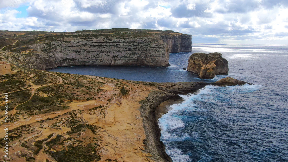 Amazing Dwerja Bay at the coast of Gozo Malta - aerial photography