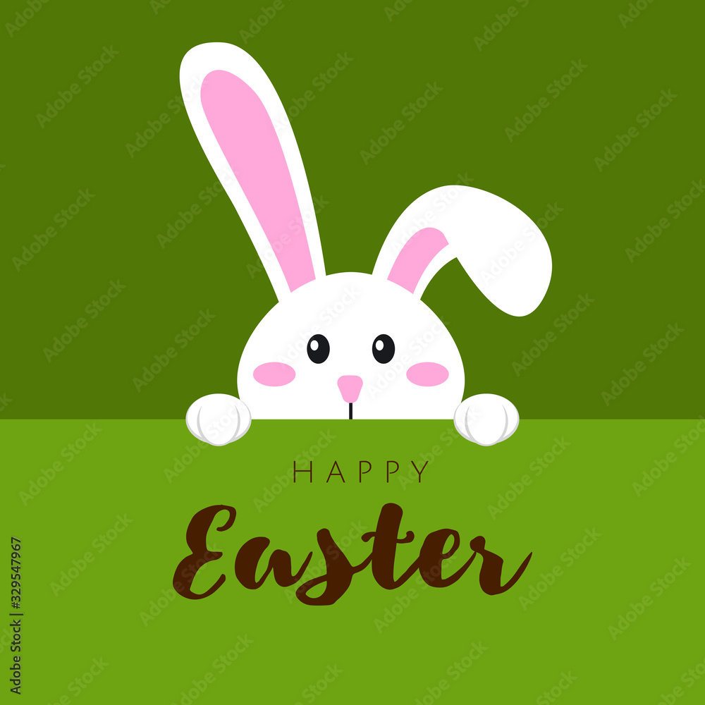 Greeting card with white Easter rabbit. Funny bunny in flat style. Easter Bunny. Happy easter lettering card with cute rabbit children vector illustration. Greeting card with white Easter rabbit. Funny bunny in flat style. Easter Bunny. Happy easter lettering card with cute rabbit children vector illustration.