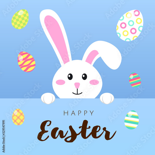 Greeting card with white Easter rabbit and colored eggs. Funny bunny in flat style. Easter Bunny. Egg hunt. Happy easter lettering card with cute rabbit children vector illustration.