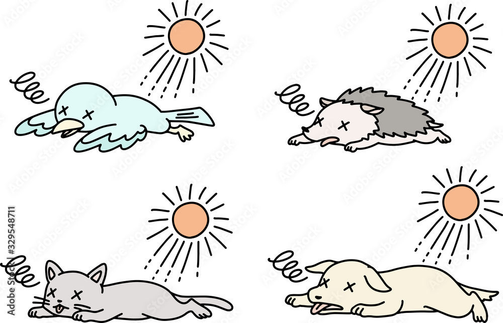 熱中症の動物のイラストセット(カラー) 熱中症の動物のイラストセット(カラー)