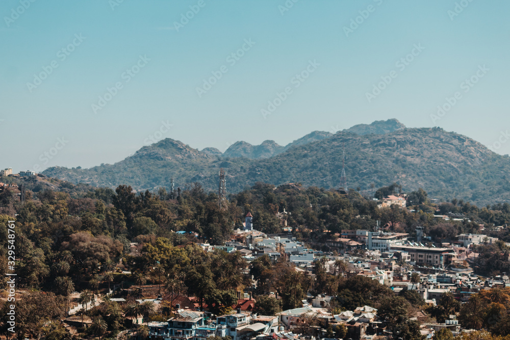 View of the Mount Abu city besides the mountains at Mount Abu in Rajasthan, India