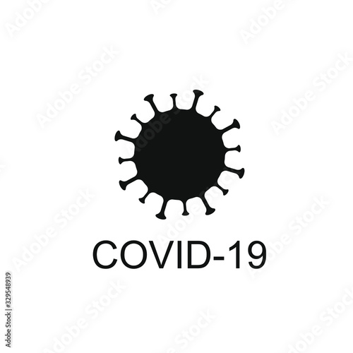 Coronavirus icon with text. Virus disease symbol. Influenza epidemic logo. Covid-19 sign. Black silhouette isolated on white background. Vector illustration image.