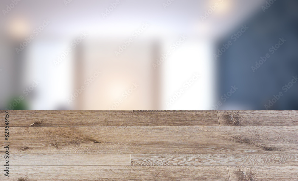 Empty interior with large window. Retro light bulb. The floor is of brown parquet. 3D rendering. wooden table. blurred background Empty interior with large window. Retro light bulb. The floor is of brown parquet. 3D rendering. wooden table. blurred background