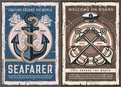 Sea ship anchors, sail boat helm and ropes, vintage nautical compass and captain hat vector design of marine travel and sailing sport. Vessel transport navigation equipment, yacht racing, ocean cruise