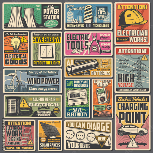 Electric power or energy vector electrical equipment retro banners. Solar panel, wind turbines and power station, battery, light bulb, plug and socket, multimeter, electricity meter, electric car