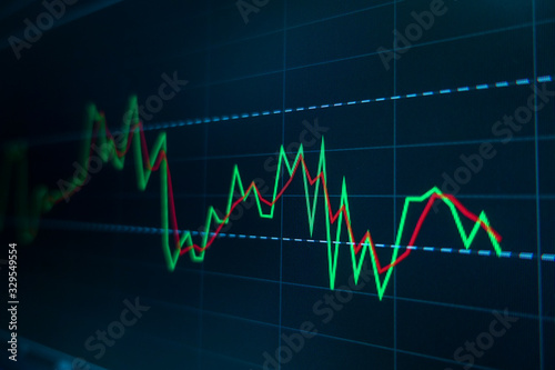 Stock market trading graph and candlestick chart on screen monitor for financial investment and economic concept.