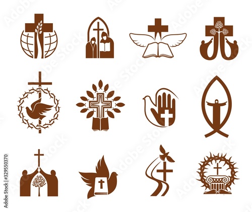 Christian religion vector icons with crosses, Jesus and bibles, doves, priest and prayers, angel, praying hand and crucifix, fish, crown of thorns and trees. Catholicism, orthodox christianity themes