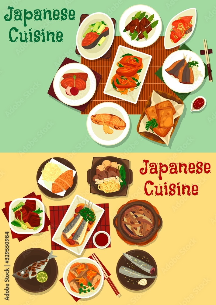 Japanese cuisine food. Fish and meat vector dishes with vegetables, curry, ginger, soy and miso sauce. Beef stew with noodles, tofu and eggs, baked tuna, salmon and marlin with herbs and pepper Japanese cuisine food. Fish and meat vector dishes with vegetables, curry, ginger, soy and miso sauce. Beef stew with noodles, tofu and eggs, baked tuna, salmon and marlin with herbs and pepper