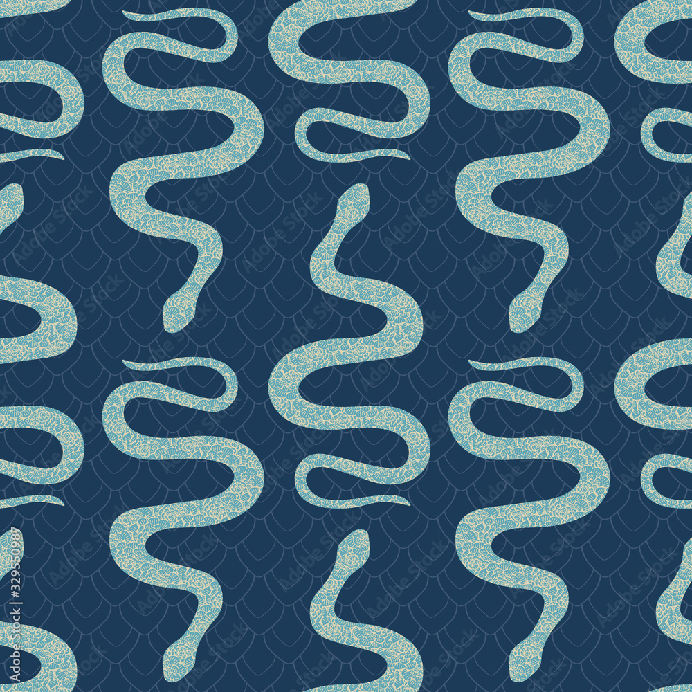 Vector Turquoise Blue Snakes on Blue Background Seamless Repeat Pattern. Background for textiles, cards, manufacturing, wallpapers, print, gift wrap and scrapbooking. Vector Turquoise Blue Snakes on Blue Background Seamless Repeat Pattern. Background for textiles, cards, manufacturing, wallpapers, print, gift wrap and scrapbooking.