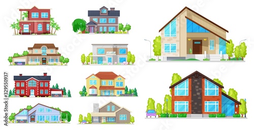 House building vector icons. Village home, cottage and villa, mansion, bungalow and townhouse, architecture and real estate industry. Exterior of buildings with windows, roofs, doors and garages