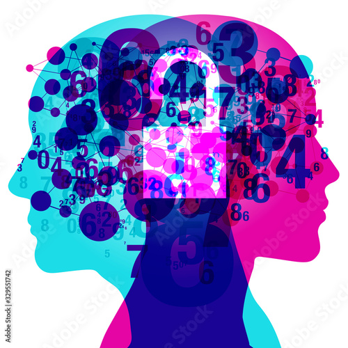 A Male and Female side silhouette profile overlaid with various blending semi-transparent numbers, connected circular shapes and the semi glowing unlocked padlock.