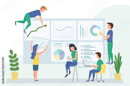 People work in a team with dashboard and interact with graphs. Data analysis design concept, workflow management, office situations. Vector illustration © vesnushki